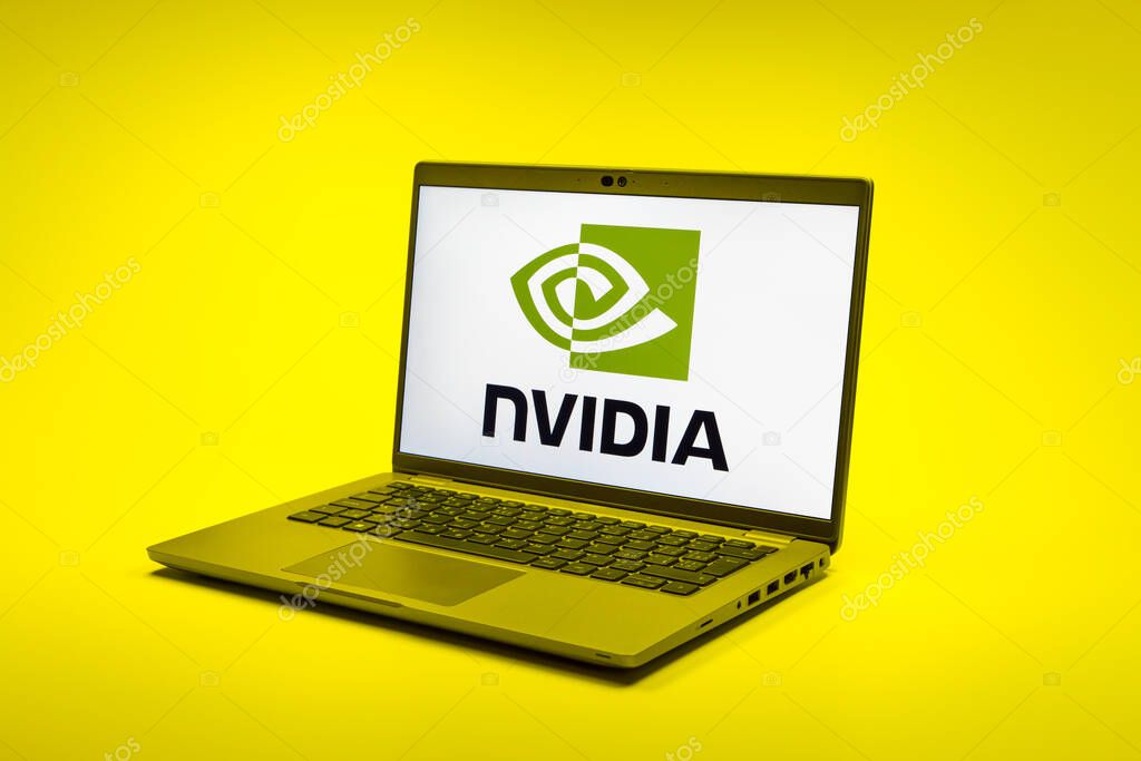 Prague, Czechia - 02 21 2025: Laptop on surface showing NVIDIA logo.