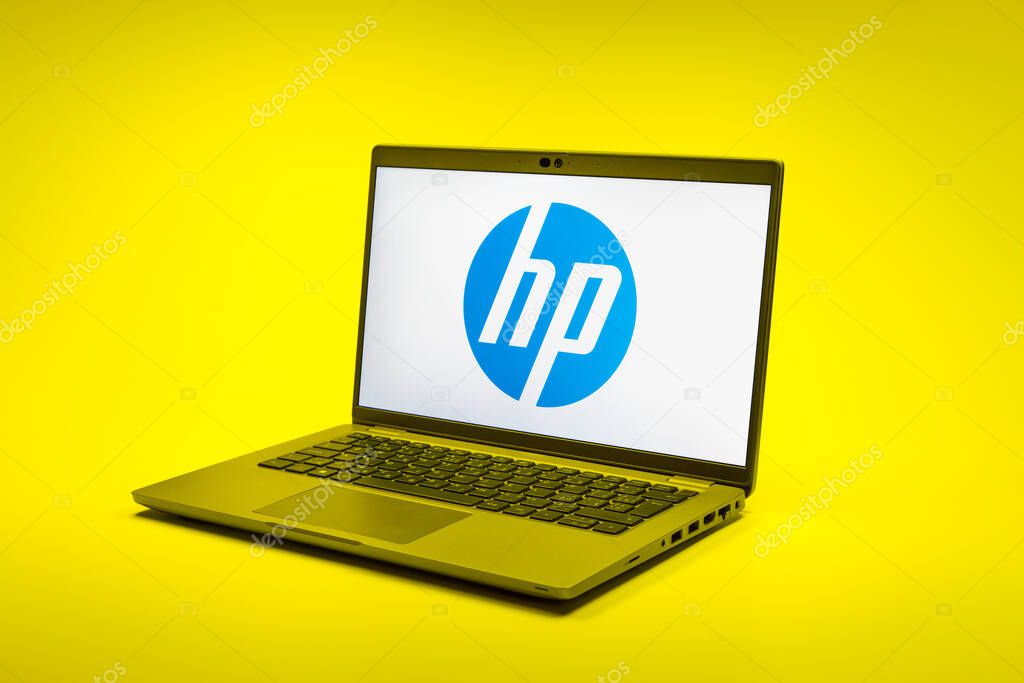 Prague, Czechia - 02 21 2025: Laptop on surface showing Hewlett-Packard logo.