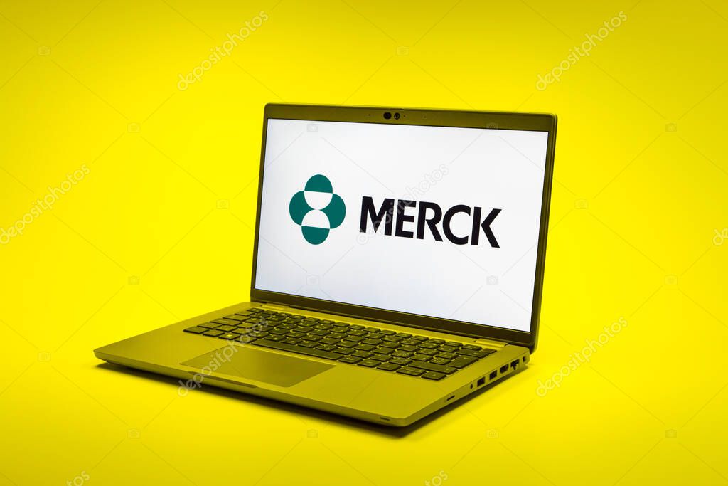 Prague, Czechia - 02 21 2025: Laptop on surface showing Merck logo.
