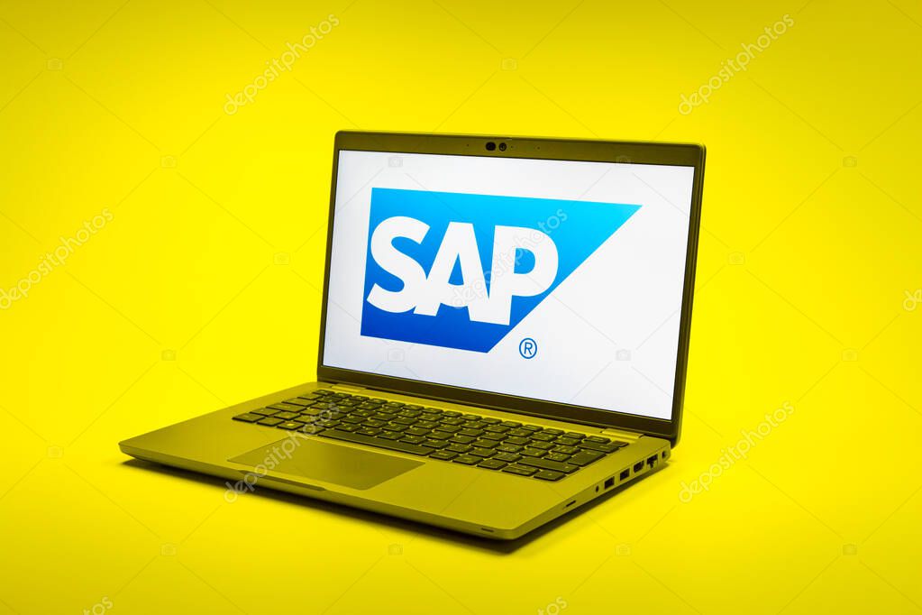 Prague, Czechia - 02 21 2025: Laptop on surface showing SAP logo.