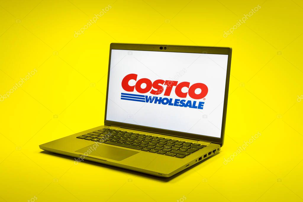 Prague, Czechia - 02 21 2025: Laptop on surface showing Costco logo.