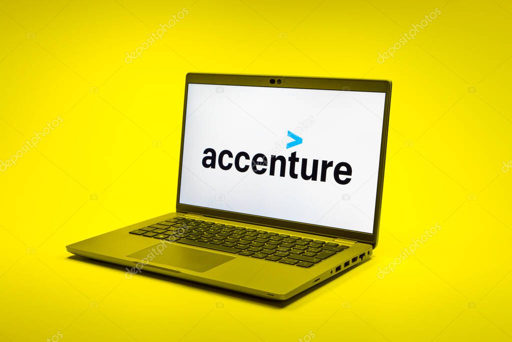 Prague, Czechia - 02 21 2025: Laptop on surface showing Accenture logo.