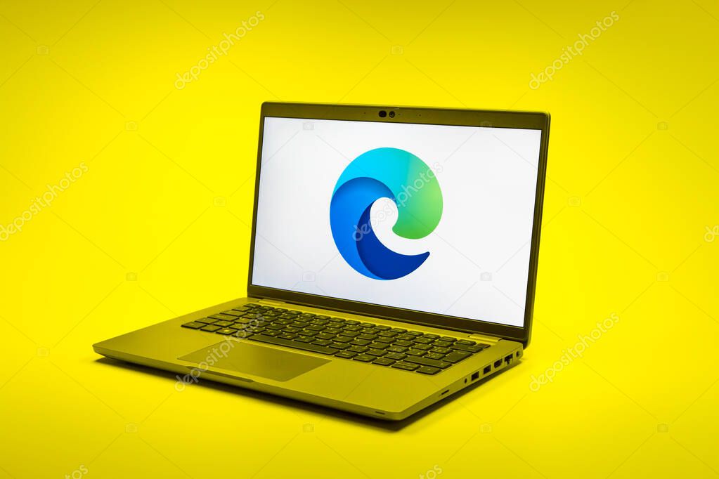 Prague, Czechia - 02 21 2025: Laptop on surface showing Edge logo.