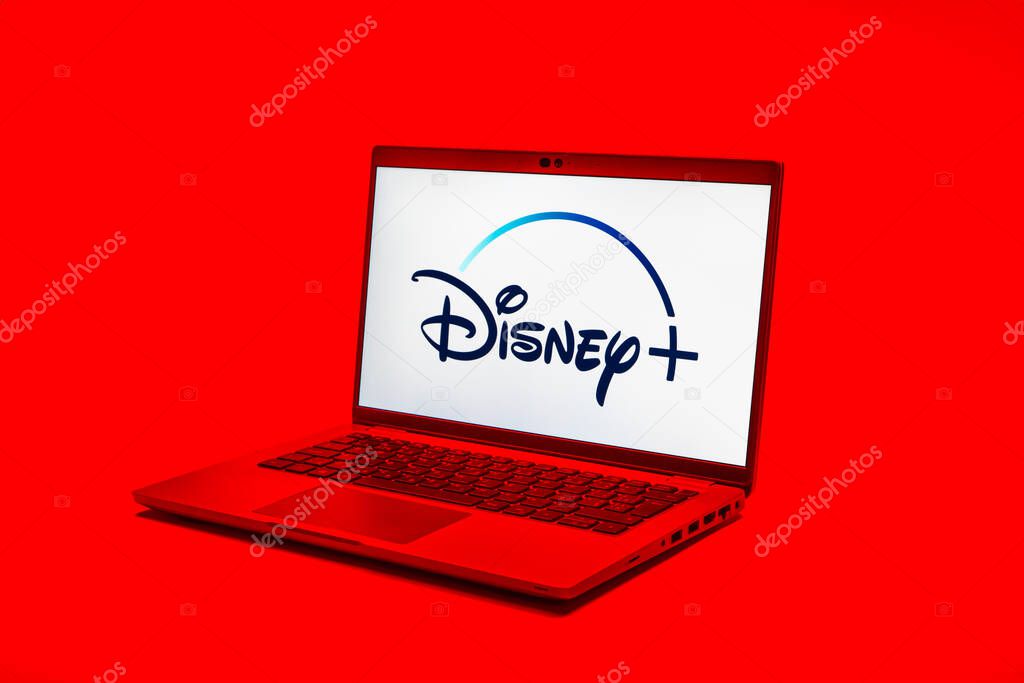 Prague, Czechia - 02 21 2025: Laptop on surface showing Disney + logo.