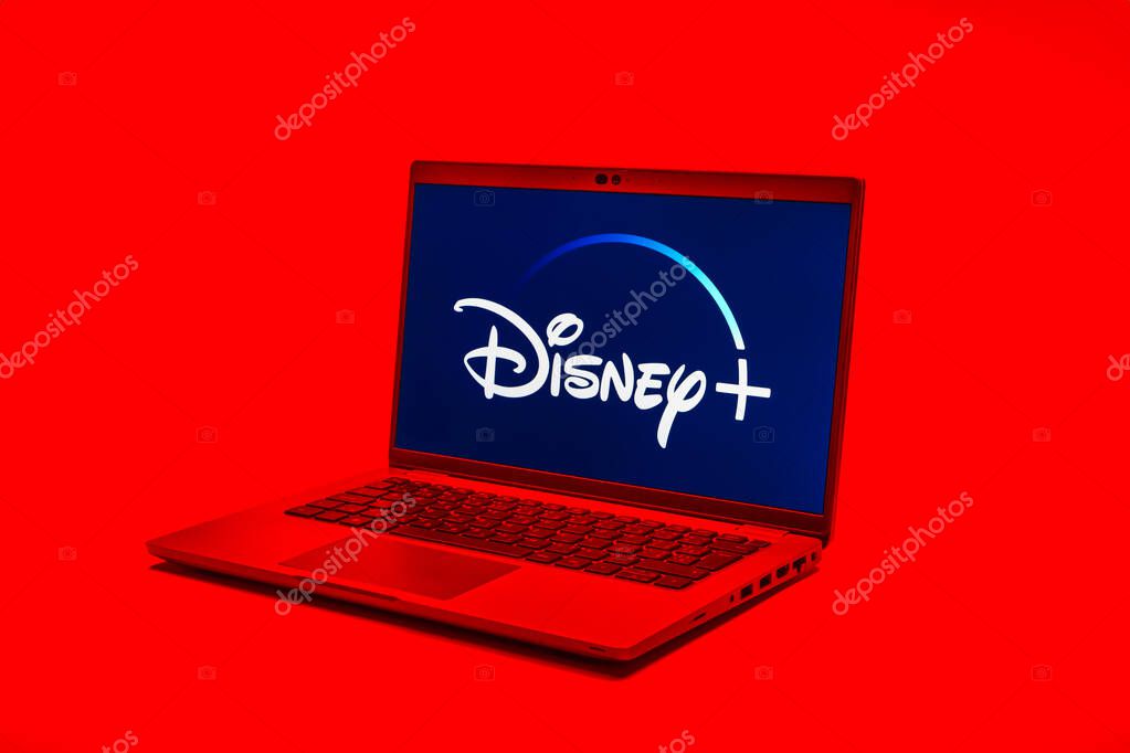 Prague, Czechia - 02 21 2025: Laptop on surface showing Disney + logo.