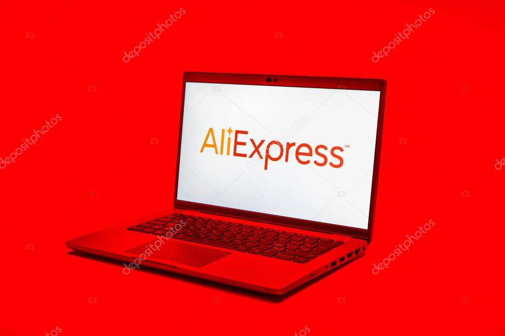 Prague, Czechia - 02 21 2025: Laptop on surface showing AliExpress logo.