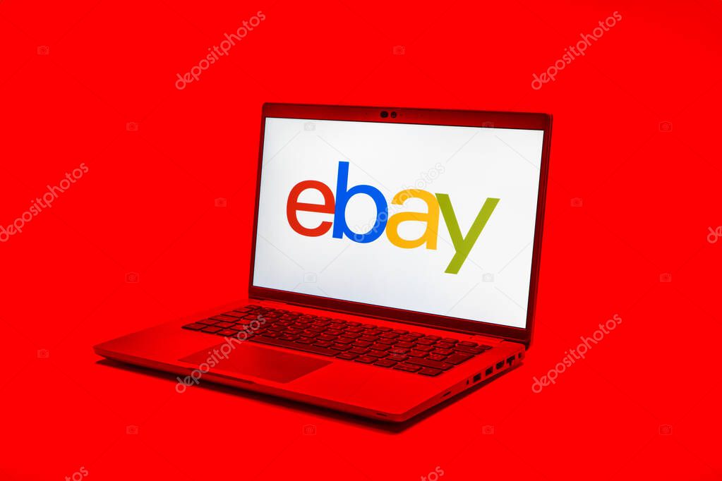 Prague, Czechia - 02 21 2025: Laptop on surface showing ebay logo.