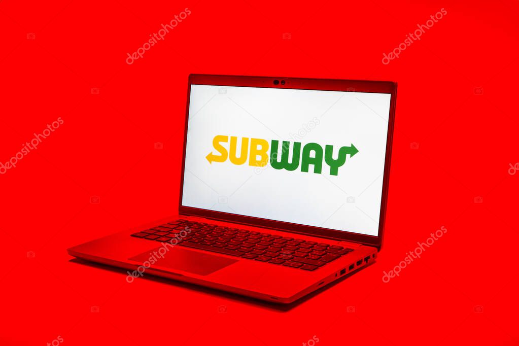 Prague, Czechia - 02 21 2025: Laptop on surface showing Subway logo.
