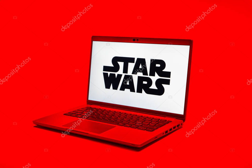 Prague, Czechia - 02 21 2025: Laptop on surface showing Star Wars logo.