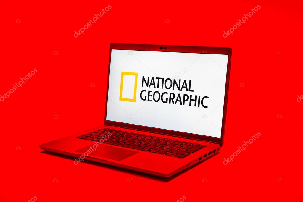 Prague, Czechia - 02 21 2025: Laptop on surface showing National Geographic logo.