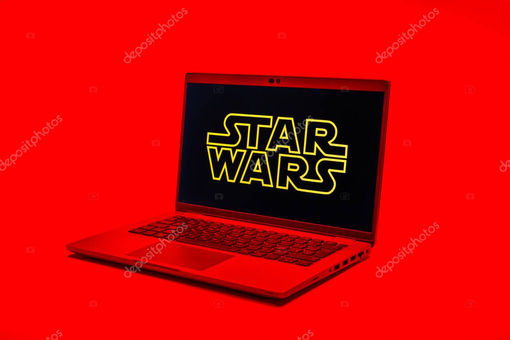 Prague, Czechia - 02 21 2025: Laptop on surface showing Star Wars logo.