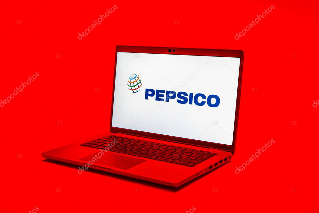 Prague, Czechia - 02 21 2025: Laptop on surface showing Pepsico logo.