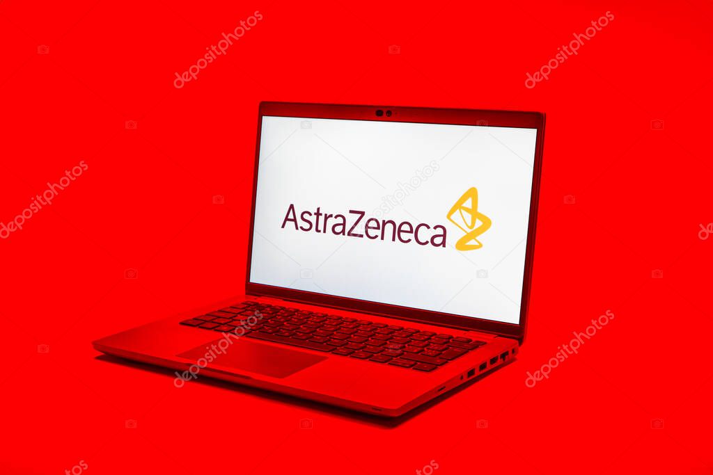 Prague, Czechia - 02 21 2025: Laptop on surface showing AstraZeneca logo.