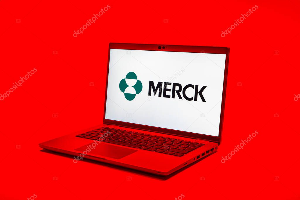 Prague, Czechia - 02 21 2025: Laptop on surface showing Merck logo.