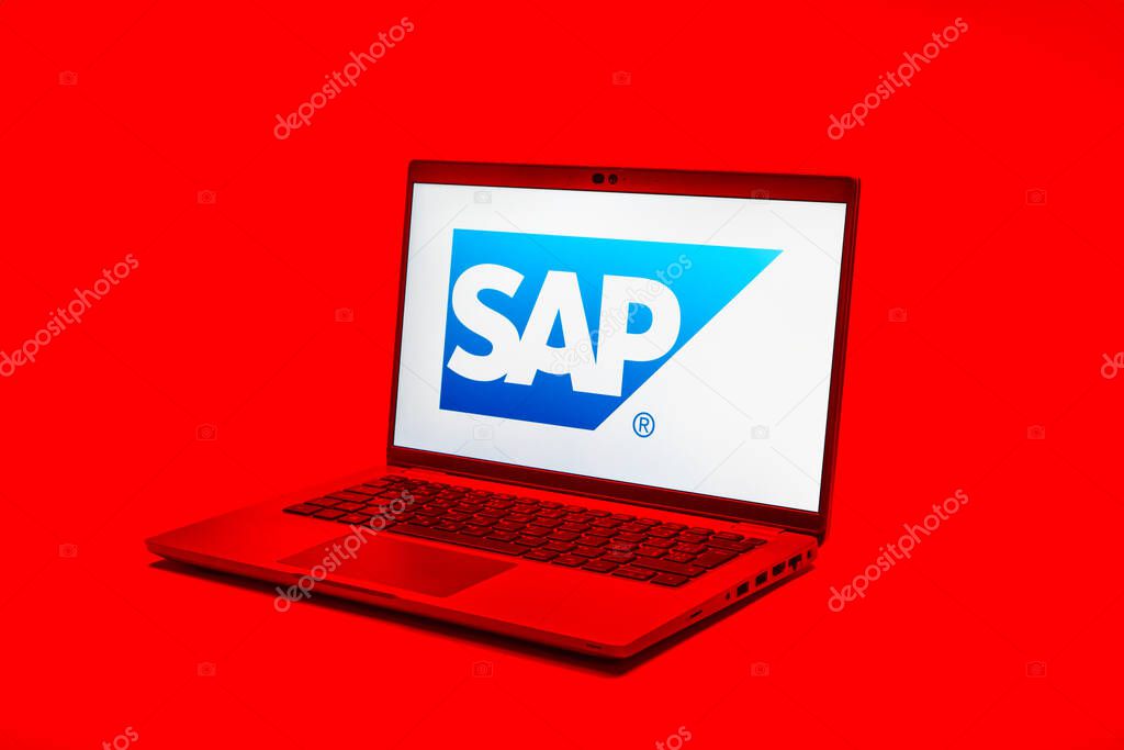 Prague, Czechia - 02 21 2025: Laptop on surface showing SAP logo.