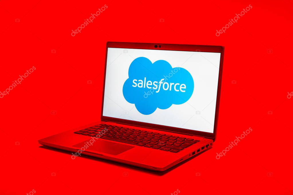 Prague, Czechia - 02 21 2025: Laptop on surface showing Salesforce logo.