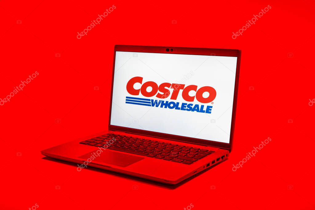 Prague, Czechia - 02 21 2025: Laptop on surface showing Costco logo.