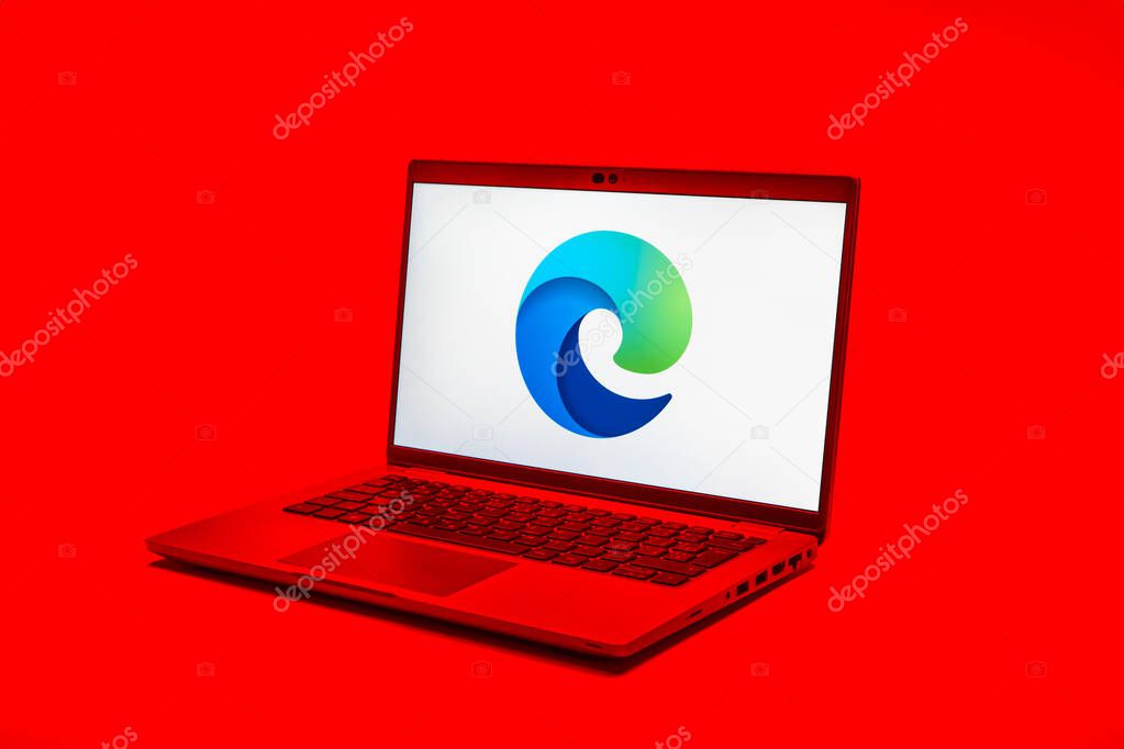 Prague, Czechia - 02 21 2025: Laptop on surface showing Edge logo.