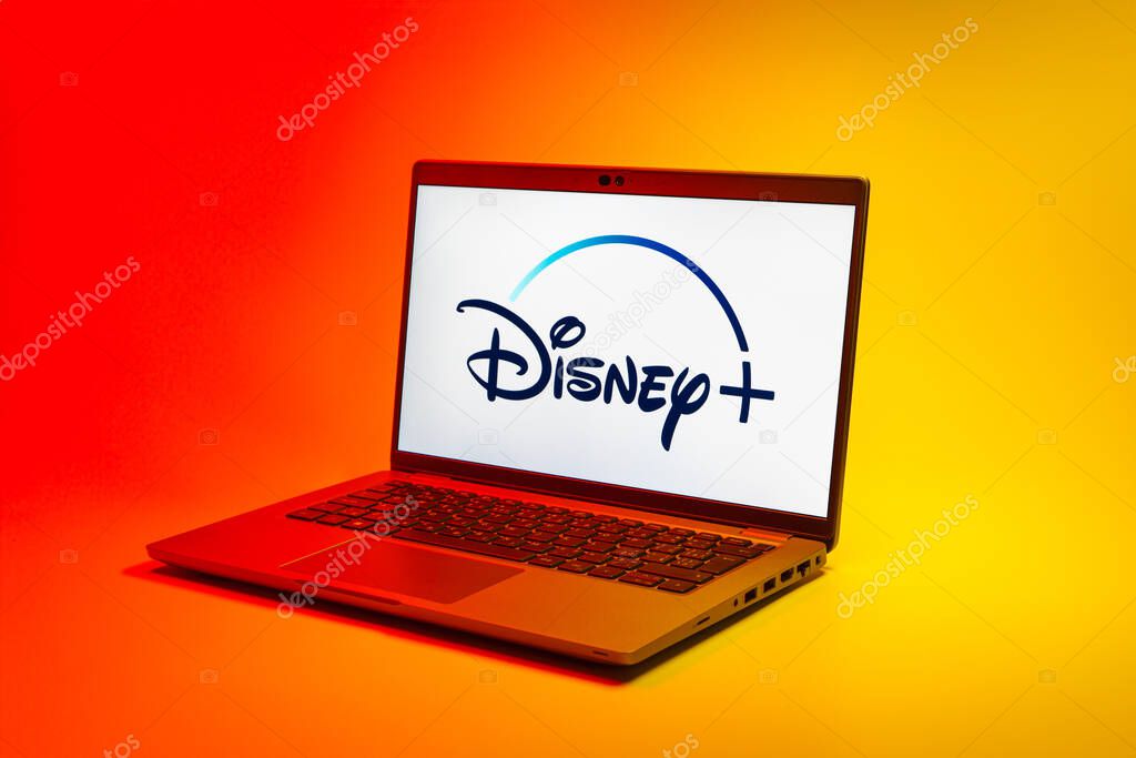 Prague, Czechia - 02 21 2025: Laptop on surface showing Disney + logo.