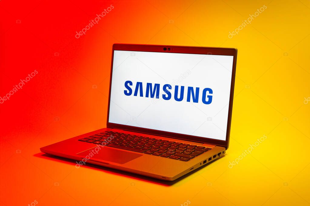 Prague, Czechia - 02 21 2025: Laptop on surface showing Samsung logo.