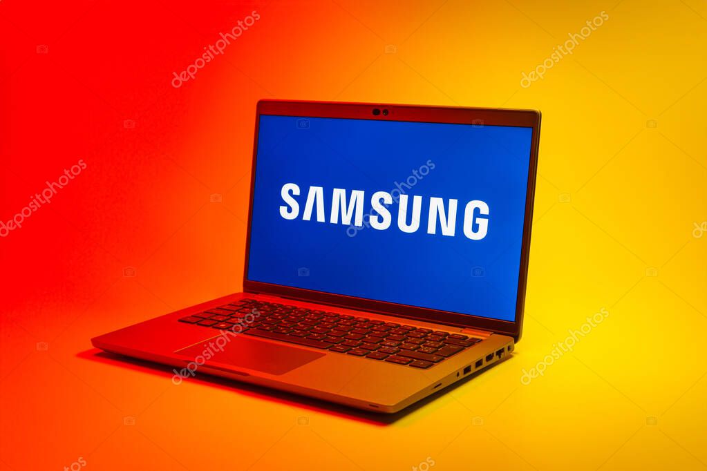 Prague, Czechia - 02 21 2025: Laptop on surface showing Samsung logo.