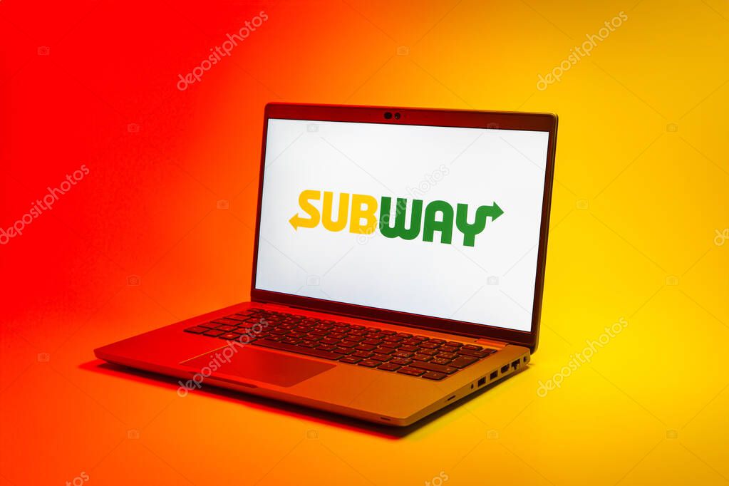 Prague, Czechia - 02 21 2025: Laptop on surface showing Subway logo.
