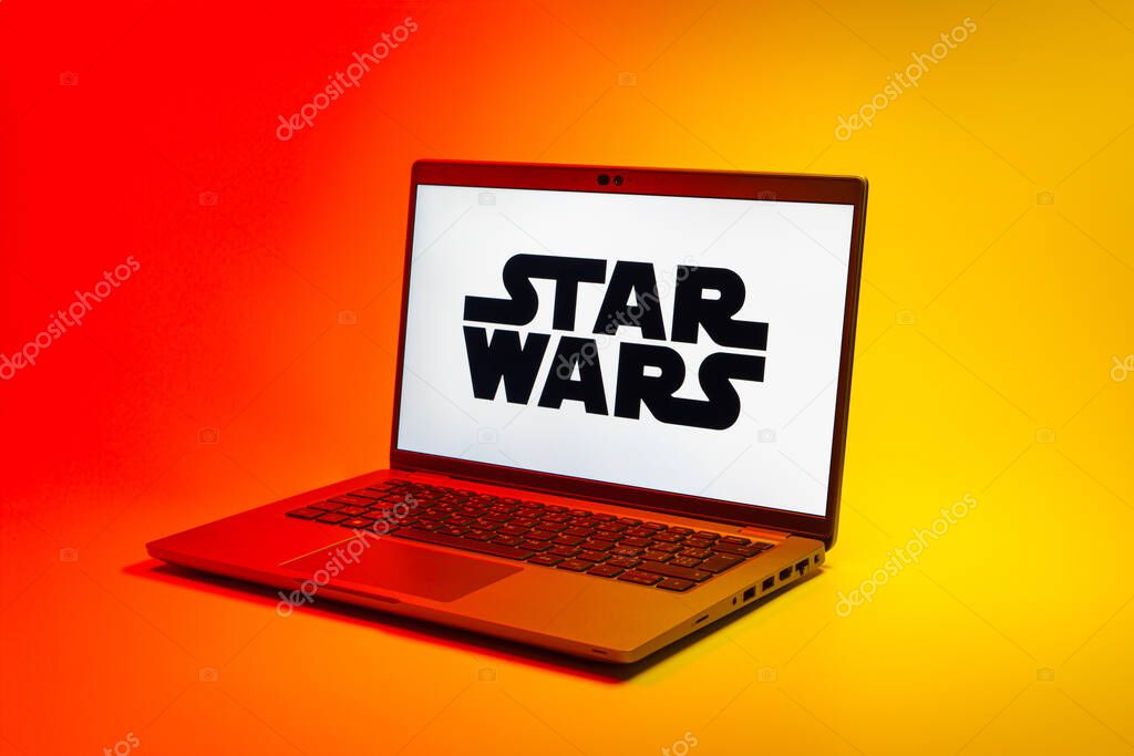 Prague, Czechia - 02 21 2025: Laptop on surface showing Star Wars logo.