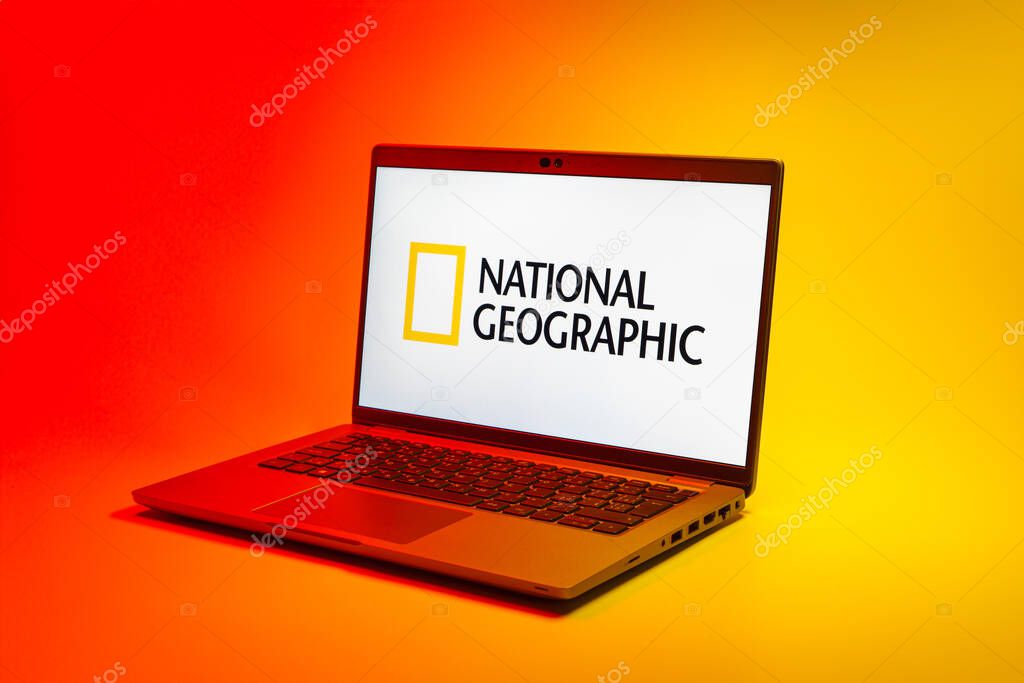 Prague, Czechia - 02 21 2025: Laptop on surface showing National Geographic logo.