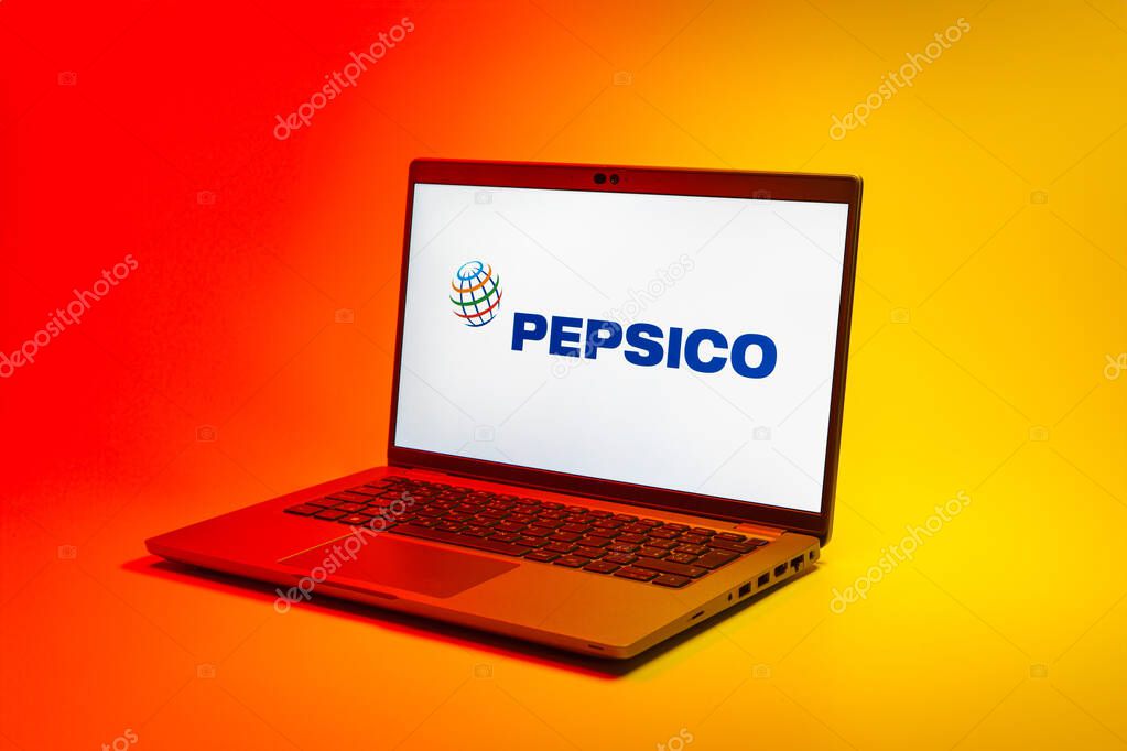 Prague, Czechia - 02 21 2025: Laptop on surface showing Pepsico logo.