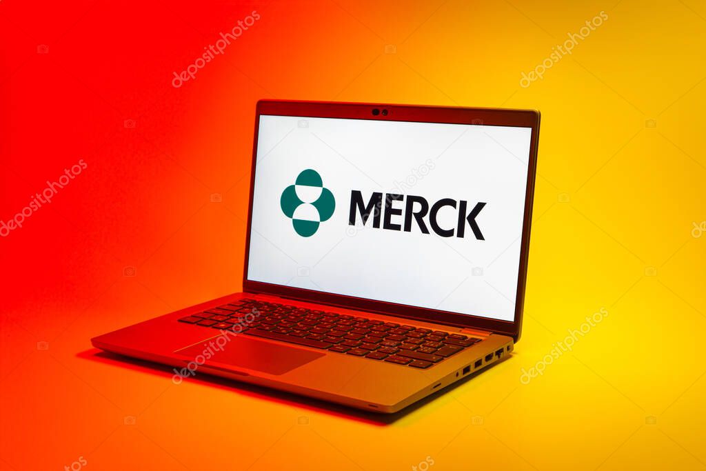 Prague, Czechia - 02 21 2025: Laptop on surface showing Merck logo.