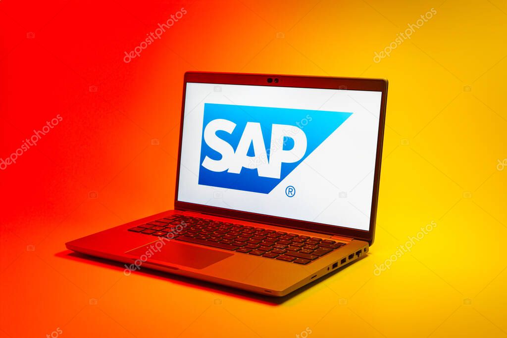 Prague, Czechia - 02 21 2025: Laptop on surface showing SAP logo.