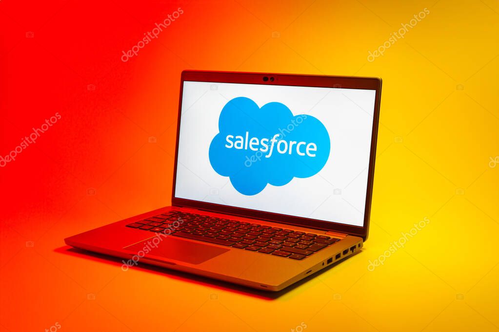 Prague, Czechia - 02 21 2025: Laptop on surface showing Salesforce logo.