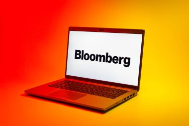 Prag, Çek Cumhuriyeti - 02 21 2025: Bloomberg logosunu gösteren dizüstü bilgisayar.