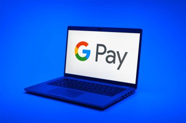 Prag, Çek Cumhuriyeti - 02 21 2025: Google Pay logosunu gösteren dizüstü bilgisayar.