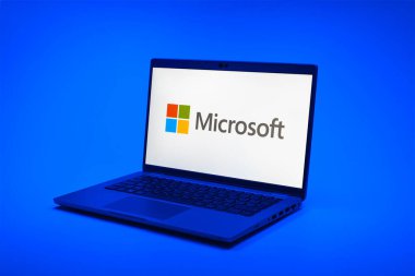 Prag, Çek Cumhuriyeti - 02 21 2025: Microsoft logosunu gösteren dizüstü bilgisayar.
