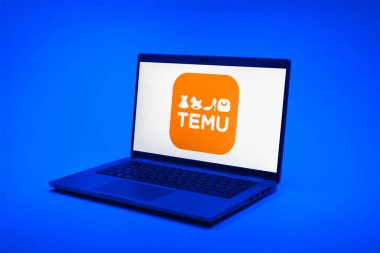 Prag, Çek Cumhuriyeti - 02 21 2025: Temu logosunu gösteren dizüstü bilgisayar.