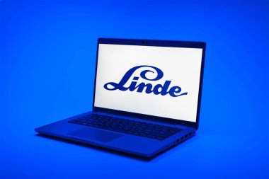 Prag, Çek Cumhuriyeti - 02 21 2025: Linde logosunu gösteren dizüstü bilgisayar.