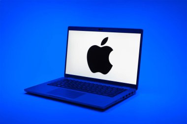 Prag, Çek Cumhuriyeti - 02 21 2025: Apple logosunu gösteren dizüstü bilgisayar.