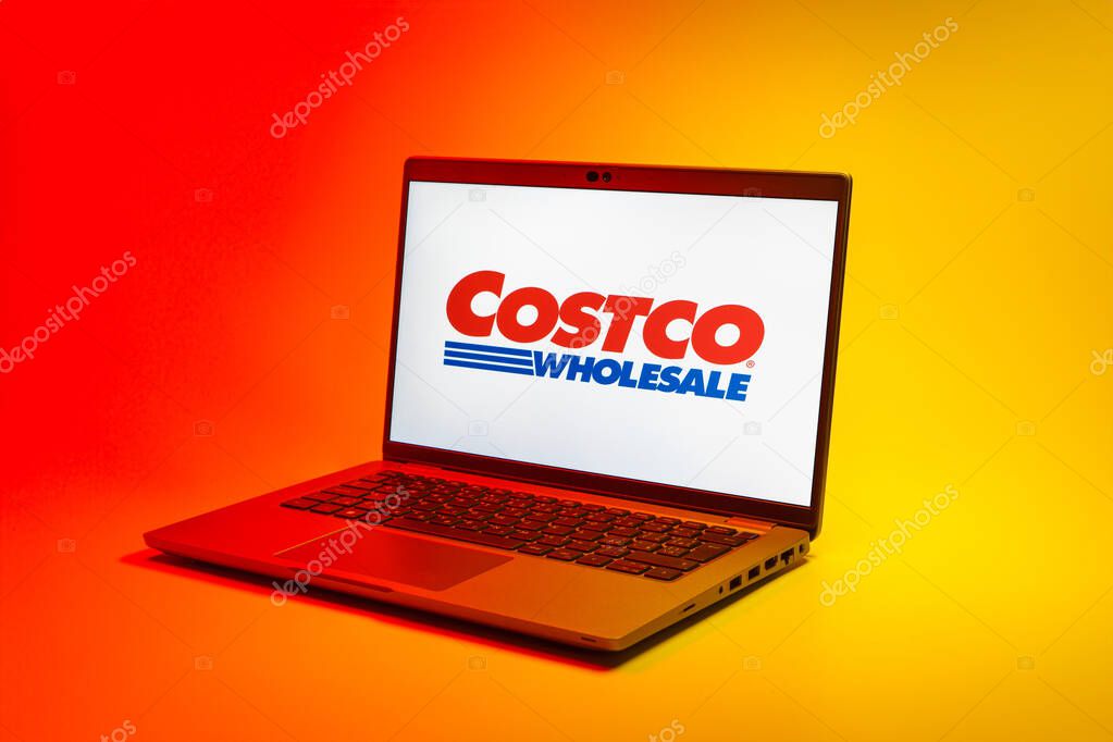Prague, Czechia - 02 21 2025: Laptop on surface showing Costco logo.