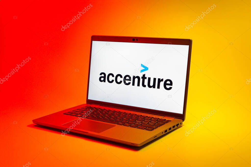 Prague, Czechia - 02 21 2025: Laptop on surface showing Accenture logo.