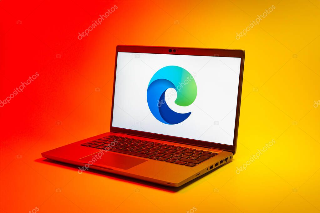 Prague, Czechia - 02 21 2025: Laptop on surface showing Edge logo.