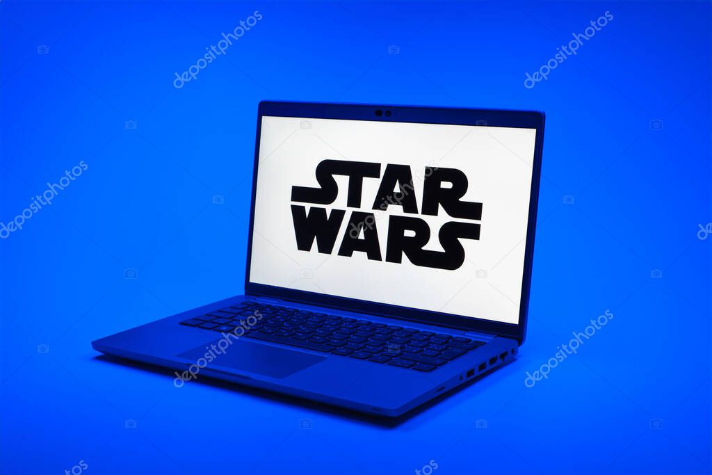 Prague, Czechia - 02 21 2025: Laptop on surface showing Star Wars logo.