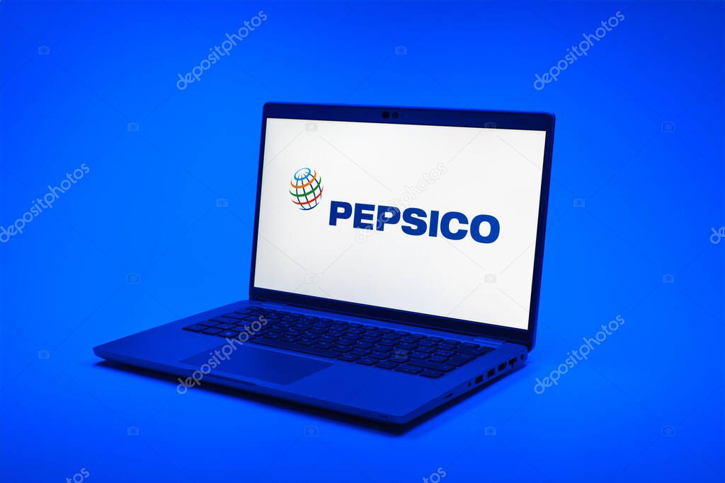 Prague, Czechia - 02 21 2025: Laptop on surface showing Pepsico logo.