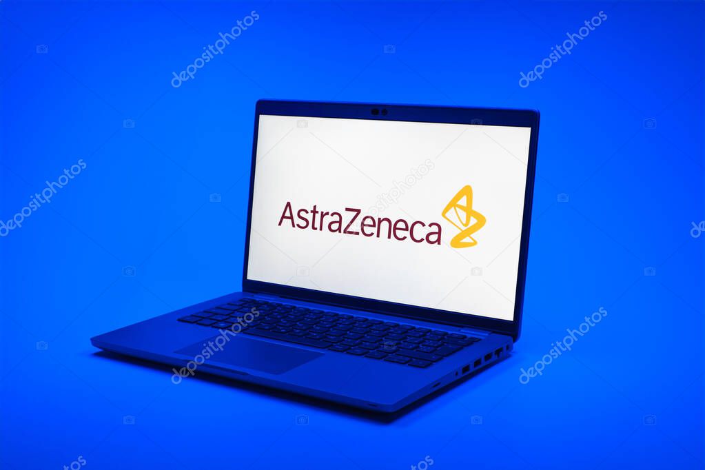 Prague, Czechia - 02 21 2025: Laptop on surface showing AstraZeneca logo.