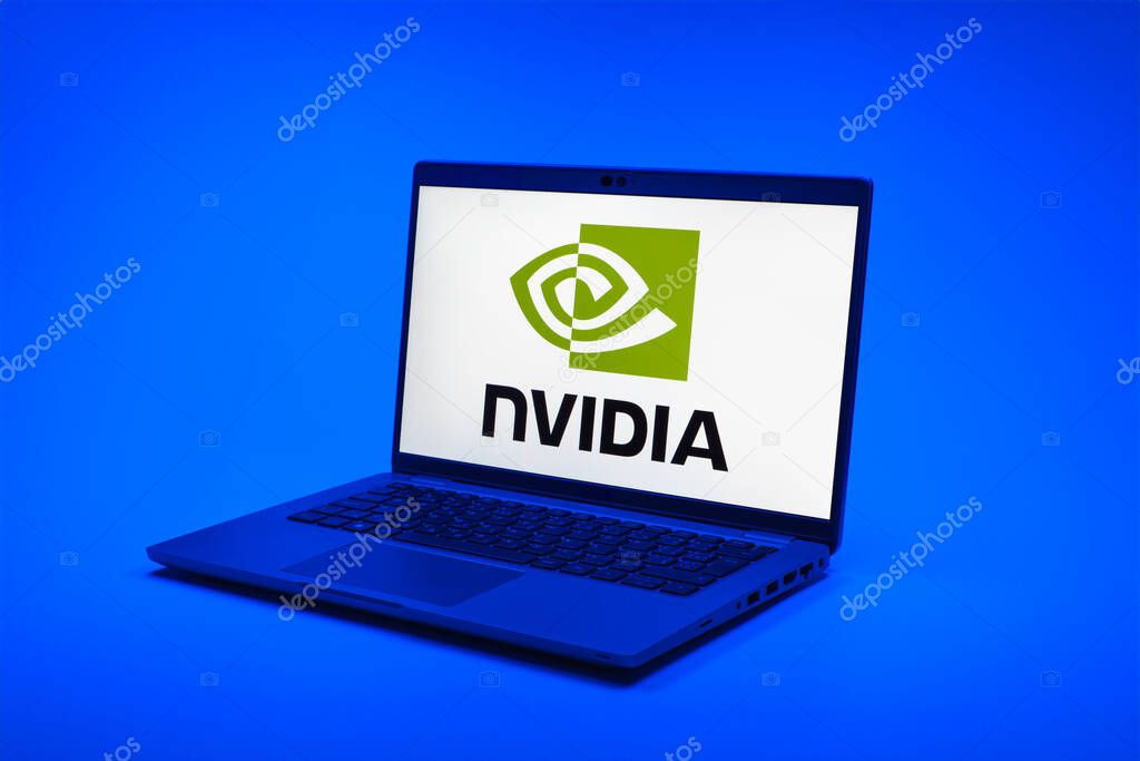 Prague, Czechia - 02 21 2025: Laptop on surface showing NVIDIA logo.