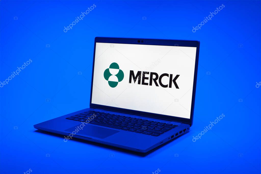 Prague, Czechia - 02 21 2025: Laptop on surface showing Merck logo.