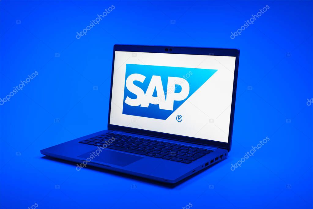 Prague, Czechia - 02 21 2025: Laptop on surface showing SAP logo.