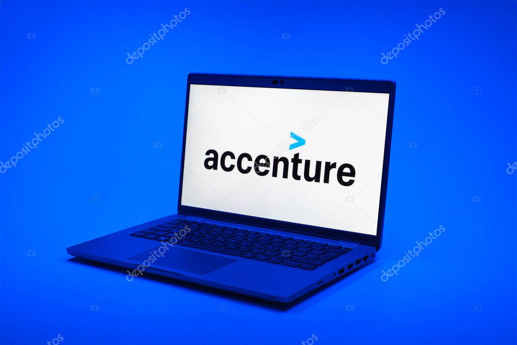 Prague, Czechia - 02 21 2025: Laptop on surface showing Accenture logo.