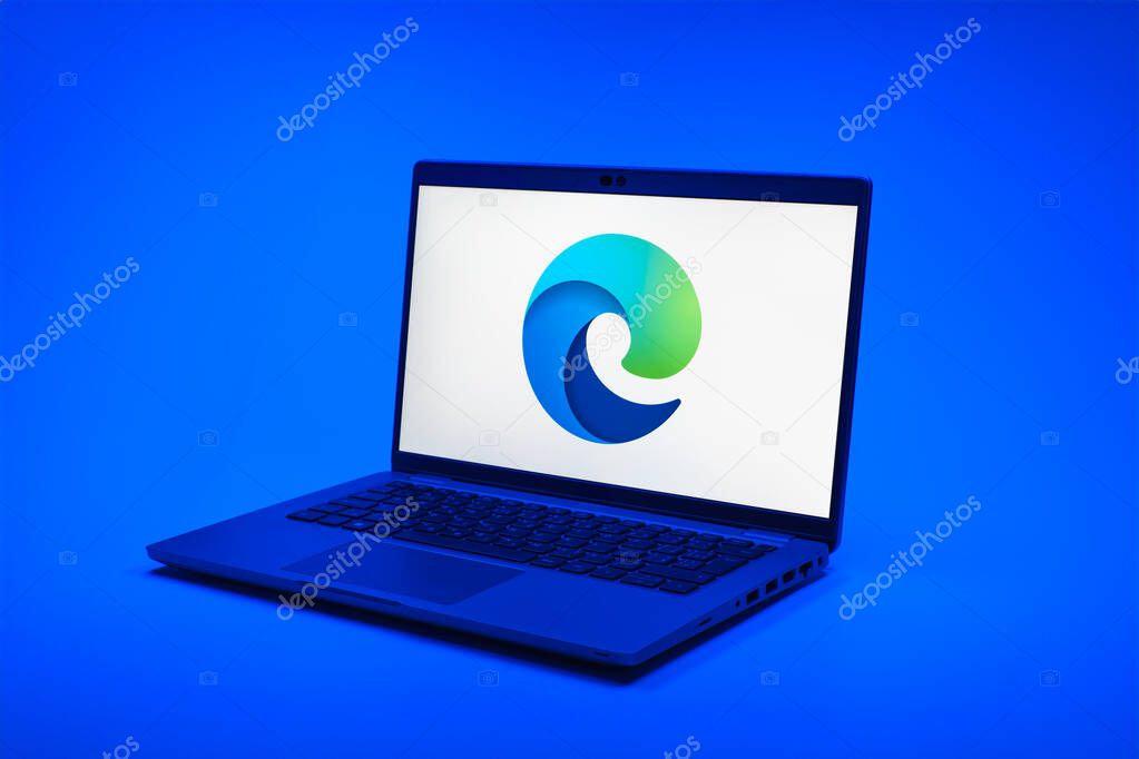 Prague, Czechia - 02 21 2025: Laptop on surface showing Edge logo.