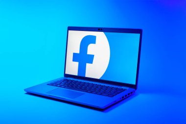 Prag, Çek Cumhuriyeti - 02 21 2025: Facebook logosunu gösteren dizüstü bilgisayar.